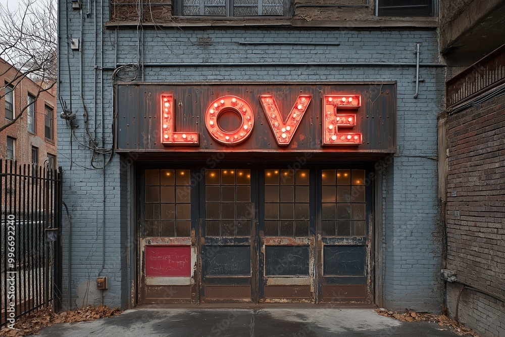 A vibrant love sign illuminates the gray brick facade of a building, creating a charming urban atmosphere in the heart of the city A vibrant love sign illuminates the gray brick facade of a building, creating a charming urban atmosphere in the heart of the city