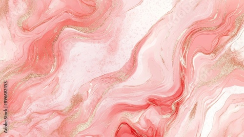 Abstract pink and gold marble background with flowing lines and glitter.