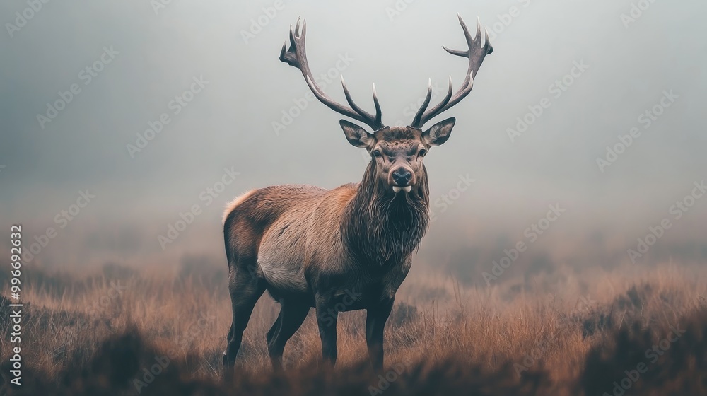 Obraz premium A red deer stag is situated proudly in the middle of a heath, with its large antlers prominently displayed. The calm morning mist adds a mystical ambiance to the setting