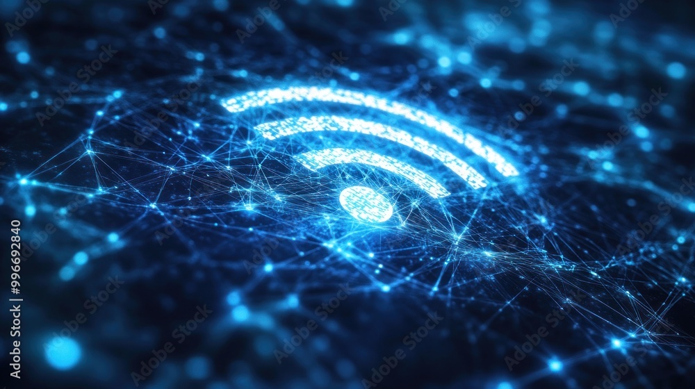 A digital representation of a Wi-Fi symbol amidst a network of glowing connections. A digital representation of a Wi-Fi symbol amidst a network of glowing connections.