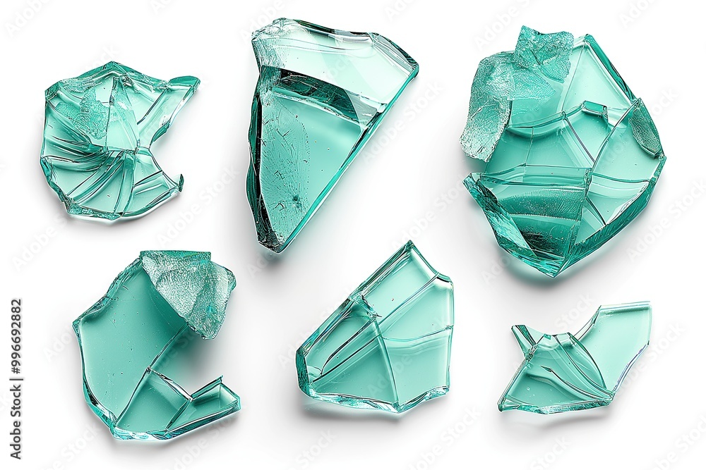 Various pieces of broken glass displayed on a clean white background highlighting their sharp edges and unique shapes Various pieces of broken glass displayed on a clean white background highlighting their sharp edges and unique shapes