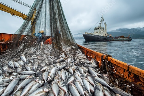 Fresh Pacific herring being loaded from a fishing net into a trawler in a coastal area on the Pacific Ocean