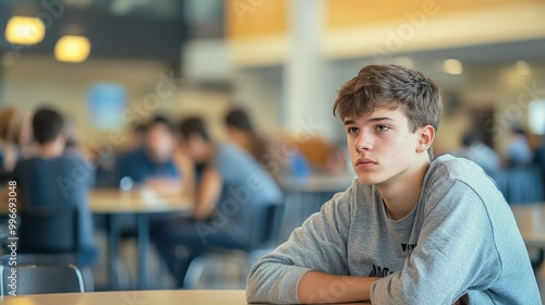 A thoughtful young teenager reflects while sitting in a busy school cafeteria during lunchtime with classmates around him