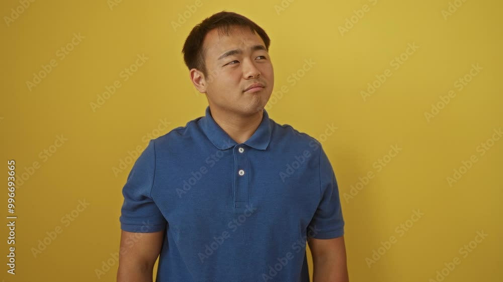Young chinese man standing and smiling while looking to the side, thinking and staring away over isolated yellow background with confidence Young chinese man standing and smiling while looking to the side, thinking and staring away over isolated yellow background with confidence