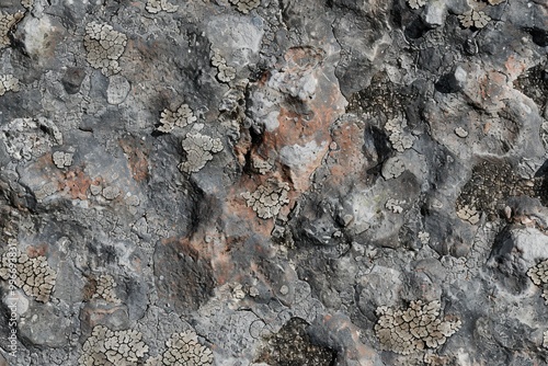 Close-up image of a weathered rock surface with lichen growth, showcasing natural textures and shades of gray. photo