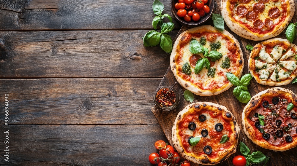 An assortment of gourmet pizzas arranged on a rustic wooden table An assortment of gourmet pizzas arranged on a rustic wooden table