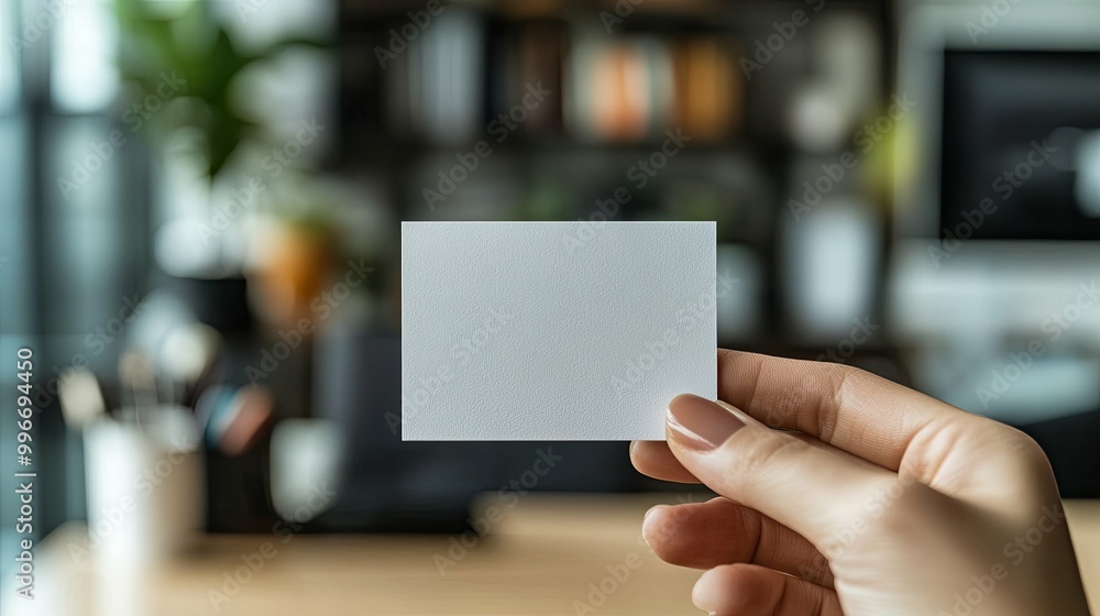 Hand Holding a Blank White Card in a Blurred Office Setting Hand Holding a Blank White Card in a Blurred Office Setting