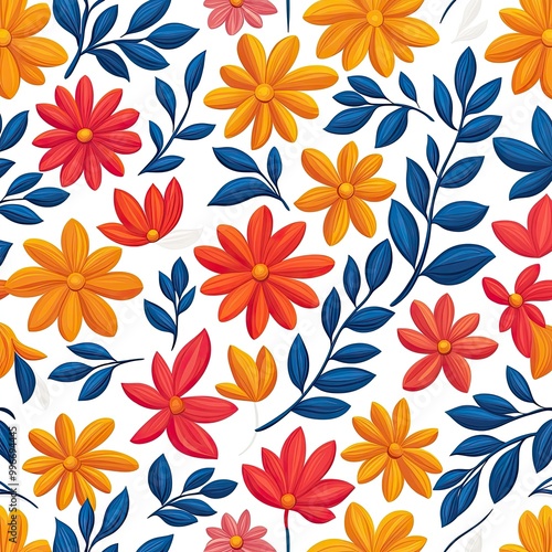 Vibrant floral pattern featuring diverse flowers and leaves, perfect for textiles, wallpapers, and graphic designs.