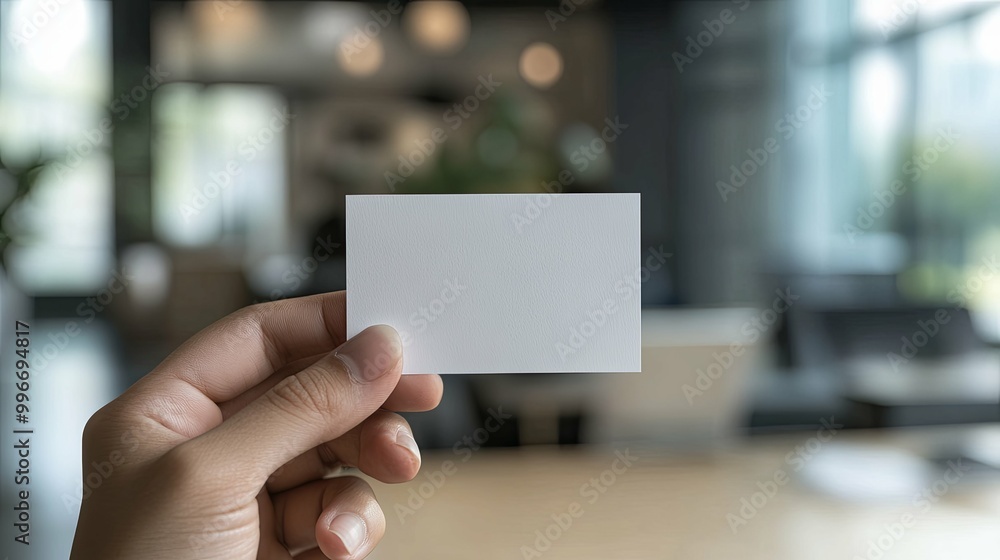 Hand Holding Blank White Business Card in Office Setting Hand Holding Blank White Business Card in Office Setting