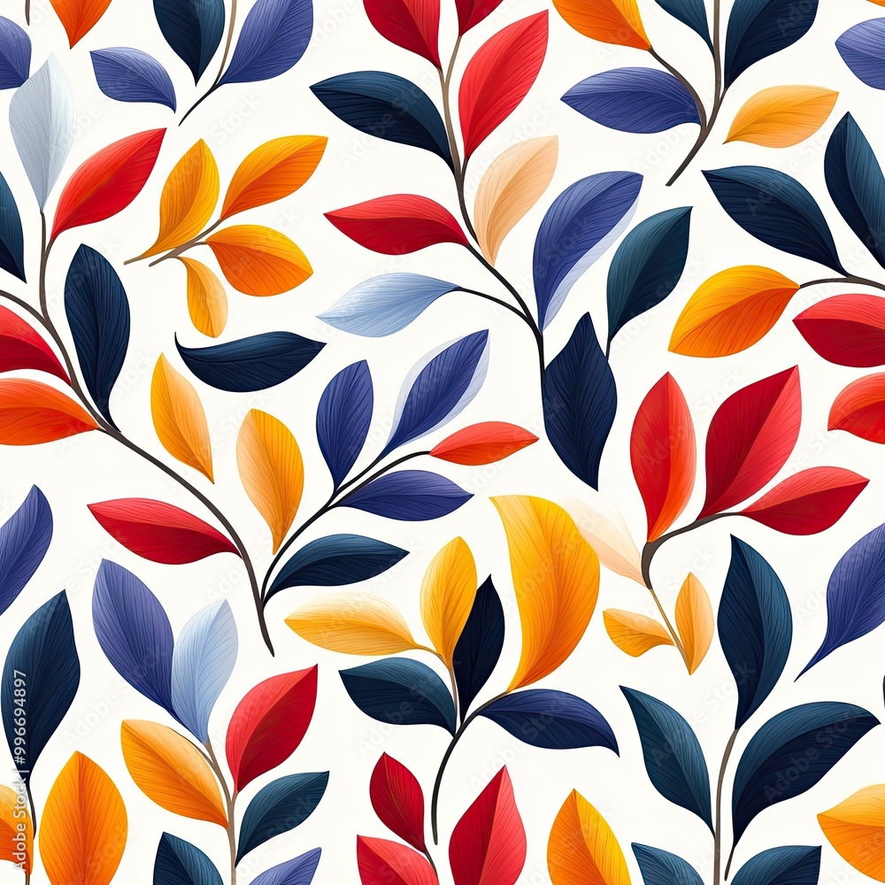 Fototapeta premium Vibrant floral pattern with colorful leaves and elegant shapes, perfect for backgrounds, textiles, or design projects.