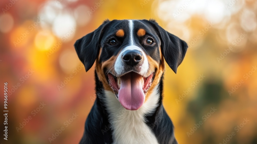 A happy dog with a joyful expression against a colorful autumn backdrop.