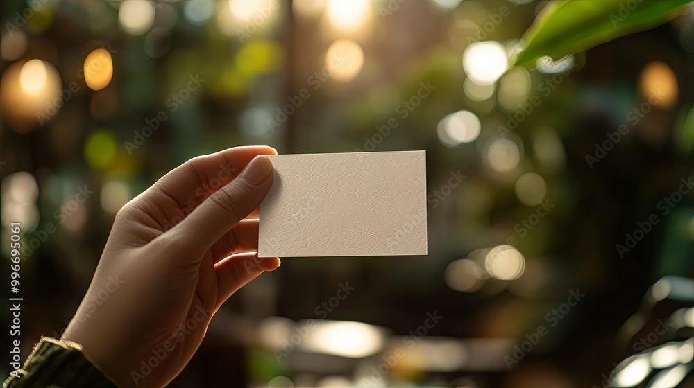 Hand Holding a Blank White Business Card Against a Blurred Background Hand Holding a Blank White Business Card Against a Blurred Background