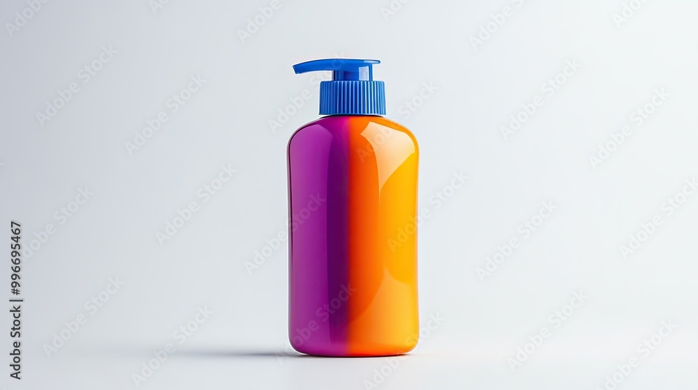 Vibrant lotion bottle with a blue pump, showcasing bright orange and purple colors against a clean, minimal background. Vibrant lotion bottle with a blue pump, showcasing bright orange and purple colors against a clean, minimal background.
