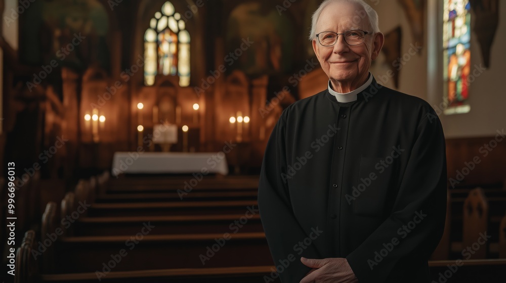 Fototapeta premium Elderly Protestant Minister Standing in a Traditional Church, Perfect for Religious or Inspirational Themes