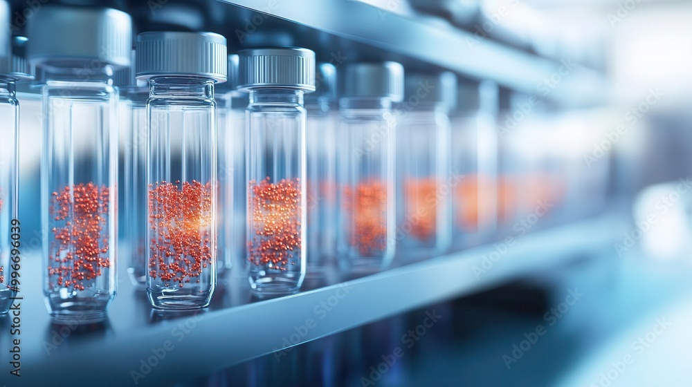 Nanoparticles suspended in liquid, scientific experiment, 3D illustration Nanoparticles suspended in liquid, scientific experiment, 3D illustration