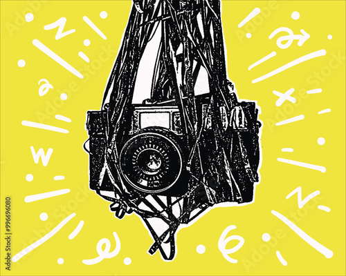 Vector illustration of antique analog camera on bright yellow background