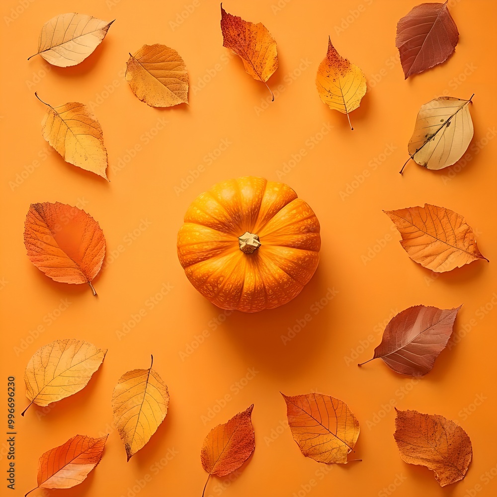 Obraz premium autumn background with pumpkin and yellow leaves 
