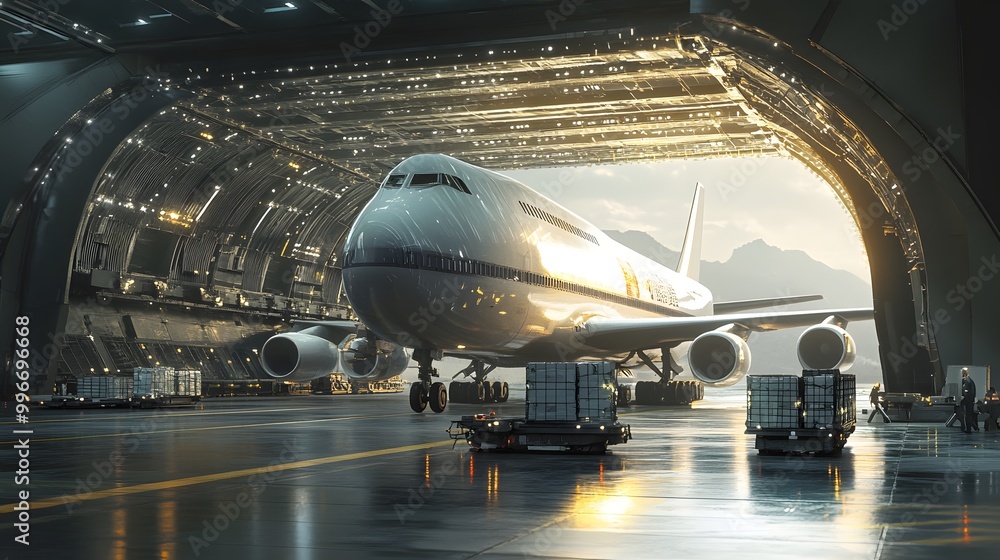 Fototapeta premium A futuristic cargo plane with robotic sensors checking the condition of each package during loading.