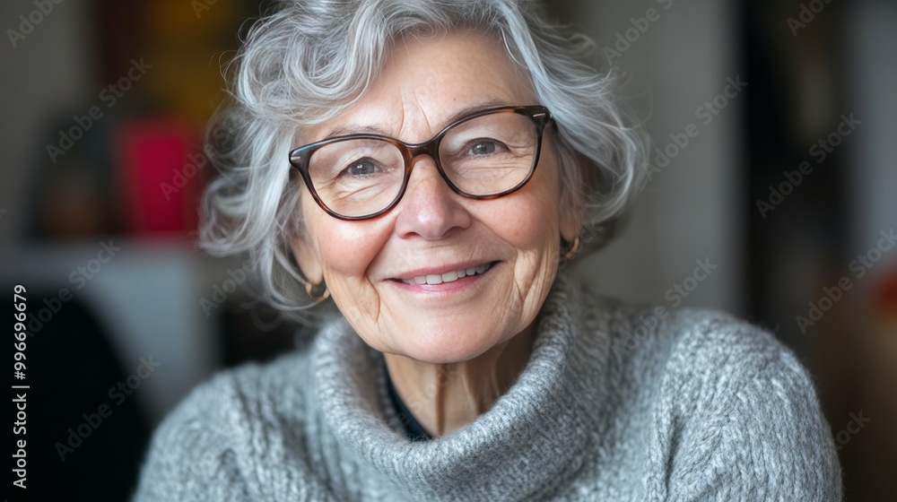 A woman with glasses and a gray sweater is smiling A woman with glasses and a gray sweater is smiling