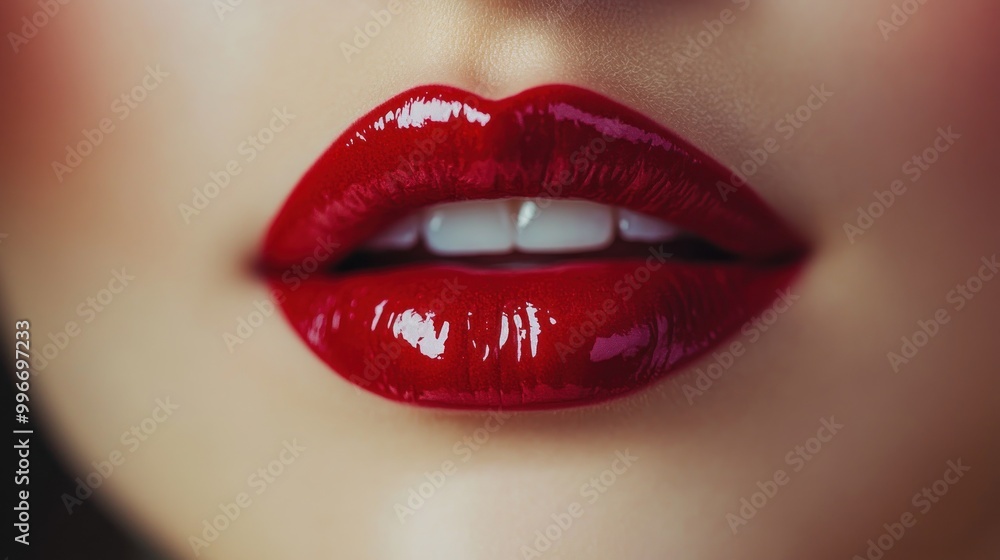 Close-up of red glossy lips with a smile. Close-up of red glossy lips with a smile.