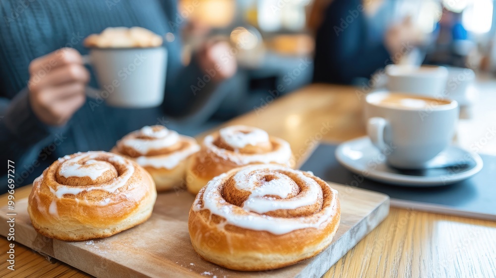 Warm cinnamon rolls on a wooden board with a cozy ambiance, perfect for a delightful cafe experience. Warm cinnamon rolls on a wooden board with a cozy ambiance, perfect for a delightful cafe experience.