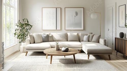 Bright and airy modern living space featuring a generous sectional sofa a curated color and neutral color scheme and a harmonious mix of mid century and contemporary design pieces