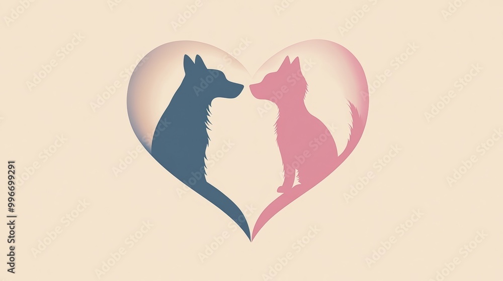 A minimalistic vector graphic of a dog and cat silhouette within a heart shape, symbolizing love for pets, set against a soft pastel background A minimalistic vector graphic of a dog and cat silhouette within a heart shape, symbolizing love for pets, set against a soft pastel background