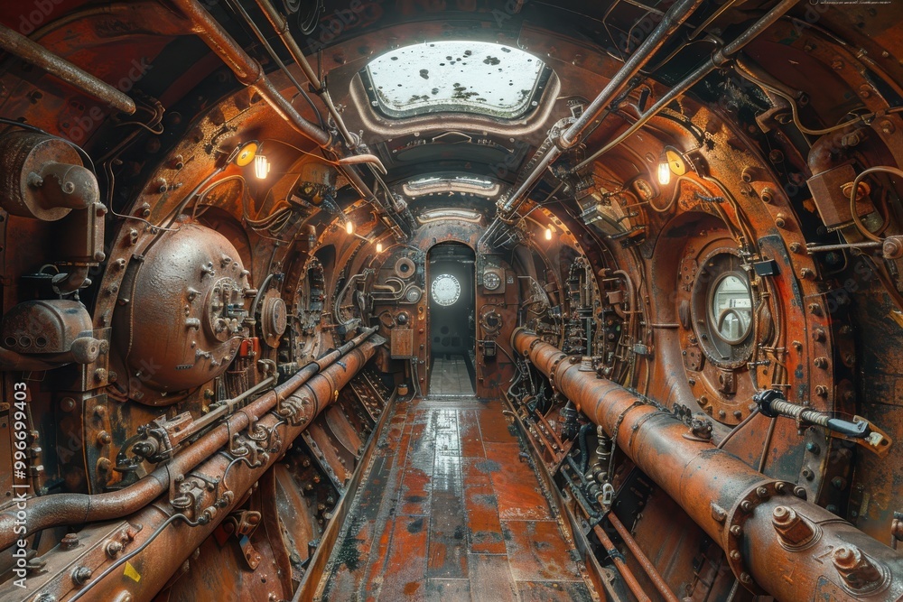 Interior view of an old submarine with equipment and portholes docked ...