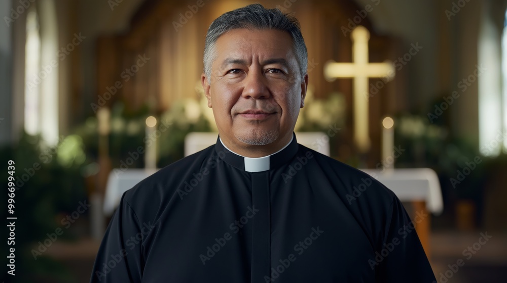 Middle Aged Hispanic Male Protestant Minister in Church Setting with Wooden Cross in Background Middle Aged Hispanic Male Protestant Minister in Church Setting with Wooden Cross in Background