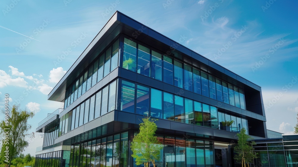 Modern glass office building with a blue sky background. Architecture and corporate design concept. Modern glass office building with a blue sky background. Architecture and corporate design concept.