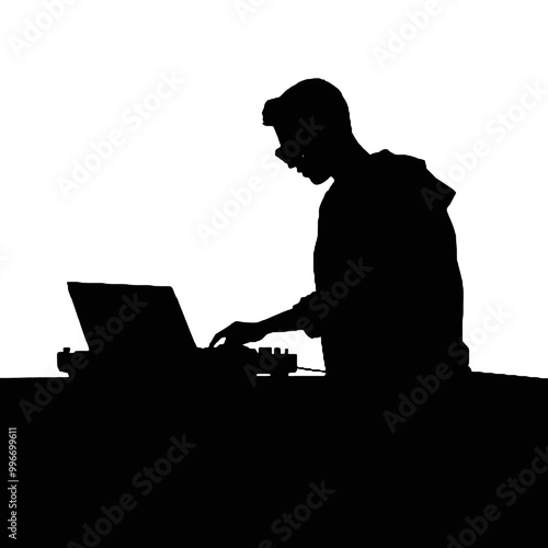 DJ Guy with Mixing Console Silhouette Vector Illustration