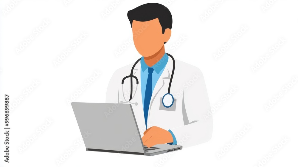 Illustration of a doctor using a laptop computer, wearing a white coat and stethoscope, isolated on a white background. Illustration of a doctor using a laptop computer, wearing a white coat and stethoscope, isolated on a white background.
