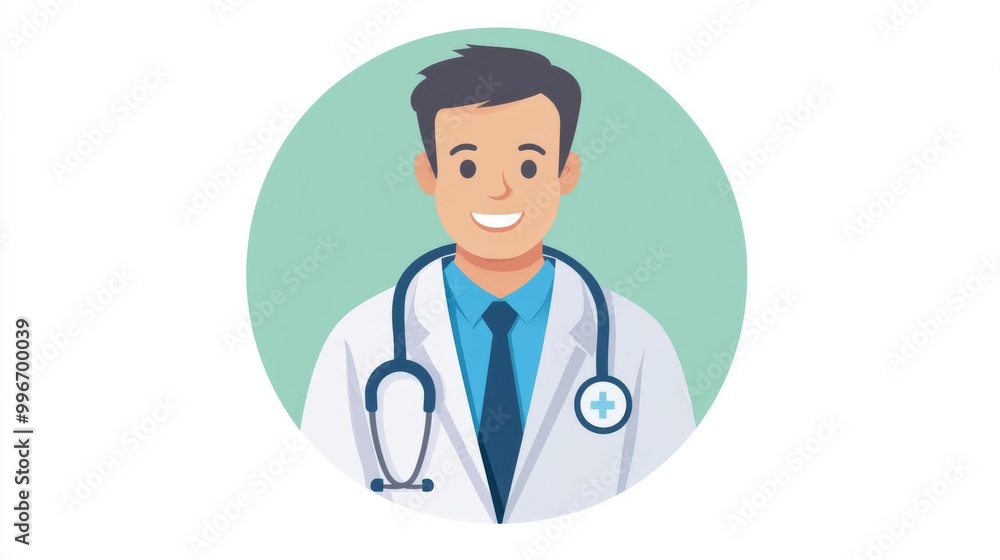 Illustration of a smiling doctor wearing a white coat and stethoscope, ideal for healthcare and medical themes. Illustration of a smiling doctor wearing a white coat and stethoscope, ideal for healthcare and medical themes.
