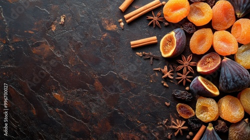 Fototapeta Naklejka Na Ścianę i Meble -  A colorful arrangement of dried fruits and spices on a dark surface.
