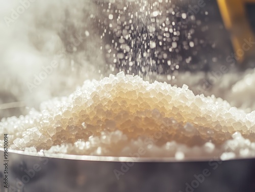 Sugar Crystallization Process A Close-Up View of Sugar Crystals Forming in a Vat During Manufacturing