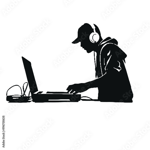 Music Mixing DJ Guy Silhouette Vector Illustration