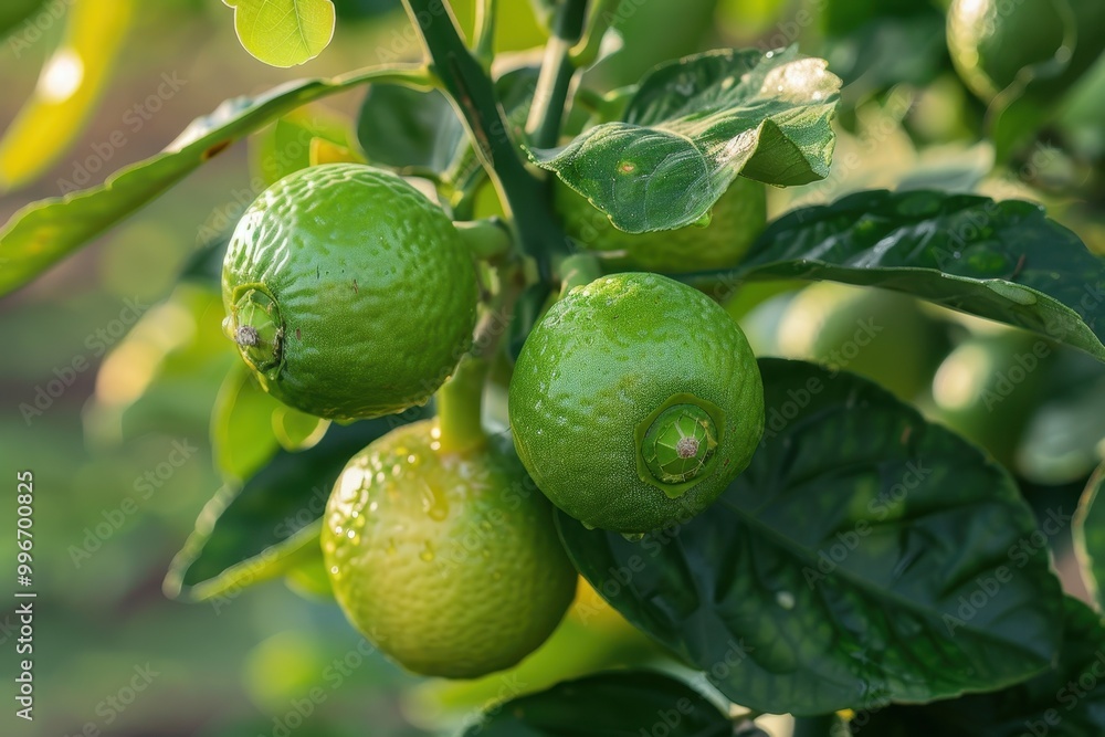 Three green citrus fruits are hanging from a tree Three green citrus fruits are hanging from a tree