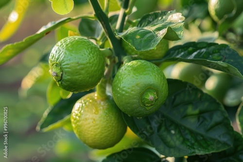 Three green citrus fruits are hanging from a tree