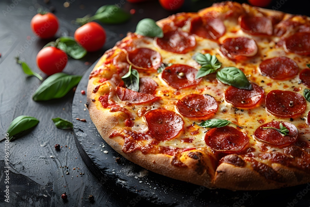 Delicious Pepperoni Pizza with Fresh Basil and Cherry Tomatoes on a Rustic Surface Perfect for Restaurant Menu Design Delicious Pepperoni Pizza with Fresh Basil and Cherry Tomatoes on a Rustic Surface Perfect for Restaurant Menu Design