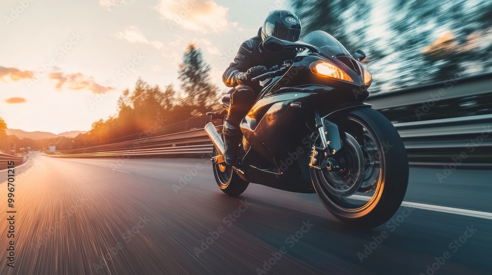 Fototapeta premium A motorcycle rider speeds down a road at sunset, creating a blur of motion.