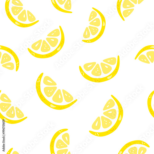 Fresh yellow fruits of lemon, lime, with green leaves and flowers. Seamless citrus texture on a white background. Whole lemon slice. Doodle Minimal Style. Black line. Vector illustration.