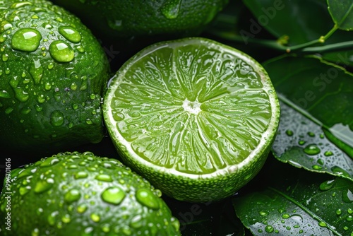 A lime is cut in half and is surrounded by other limes © kornc