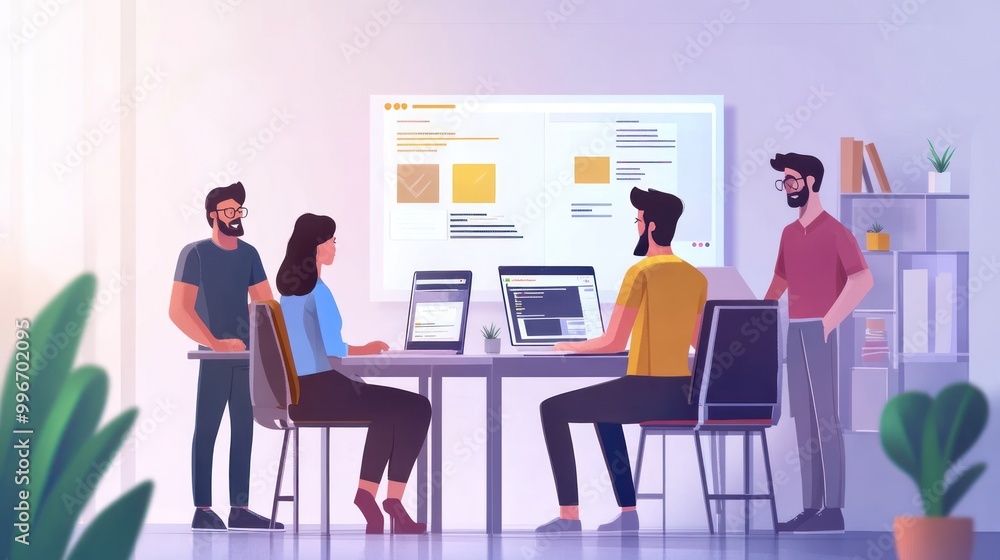 A diverse team of professionals working on a software project in an office setting. A diverse team of professionals working on a software project in an office setting.