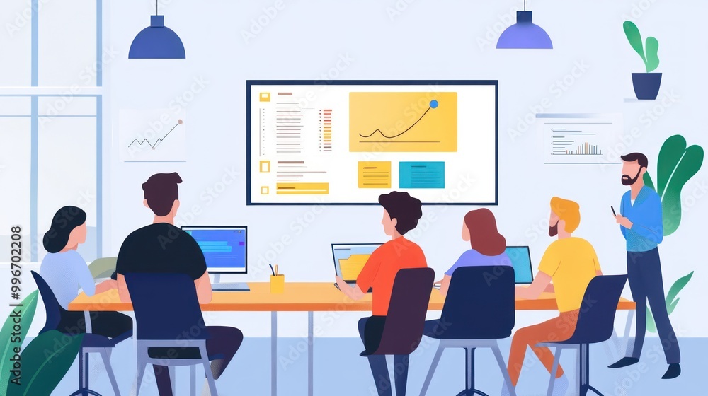 A group of people sitting at a desk in an office and looking at a whiteboard with a graph. A group of people sitting at a desk in an office and looking at a whiteboard with a graph.
