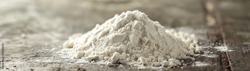 A white powdery substance is on a wooden surface A white powdery substance is on a wooden surface