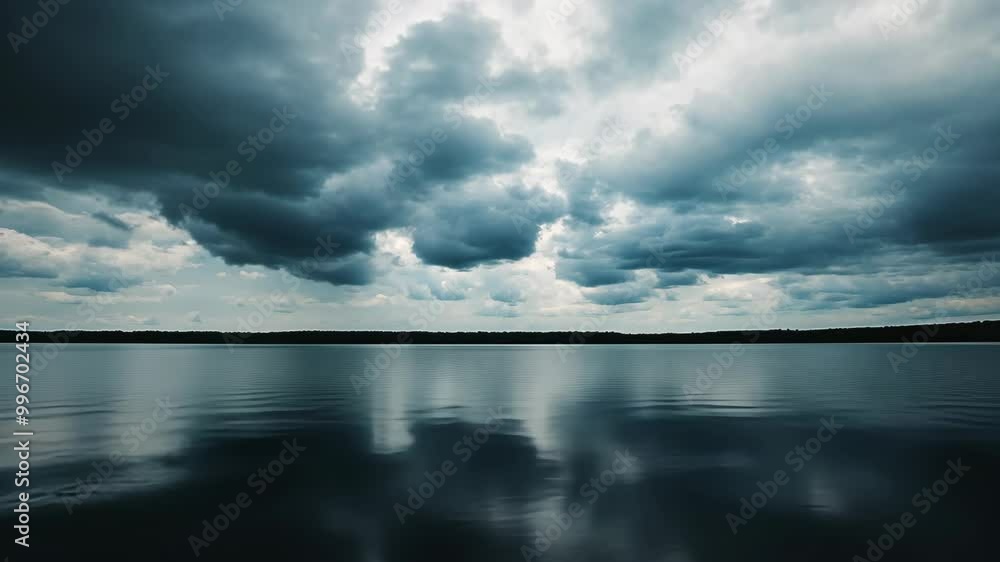 Dark clouds gather over a still lake, creating a dramatic and moody scene Dark clouds gather over a still lake, creating a dramatic and moody scene