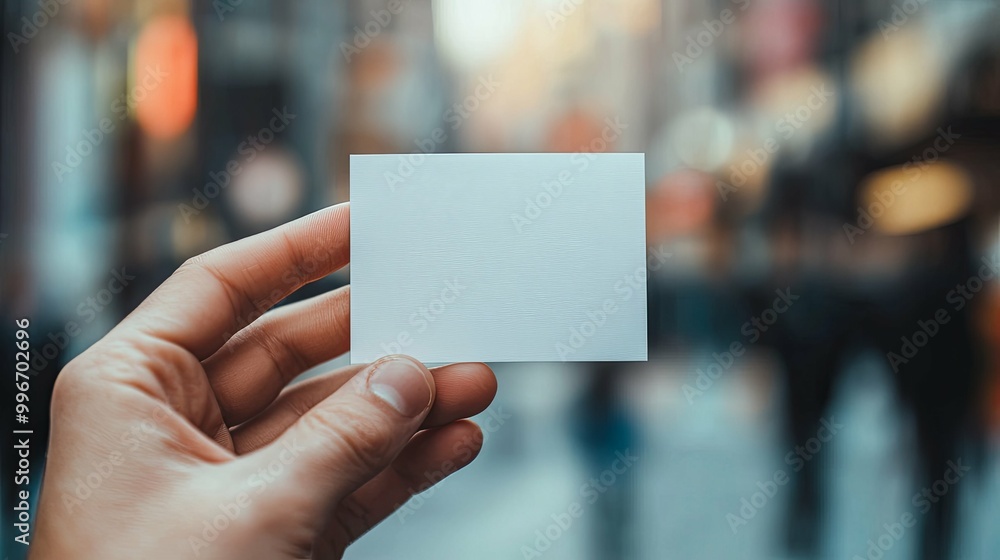 A Hand Holding a Blank White Card in a Blurred City Background A Hand Holding a Blank White Card in a Blurred City Background