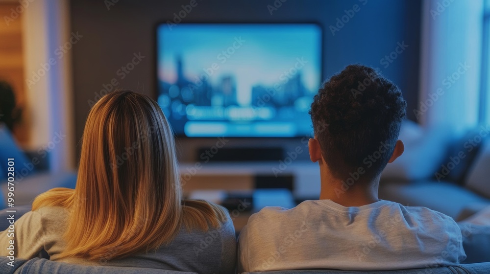 a couple watching television together in a cozy living room a couple watching television together in a cozy living room