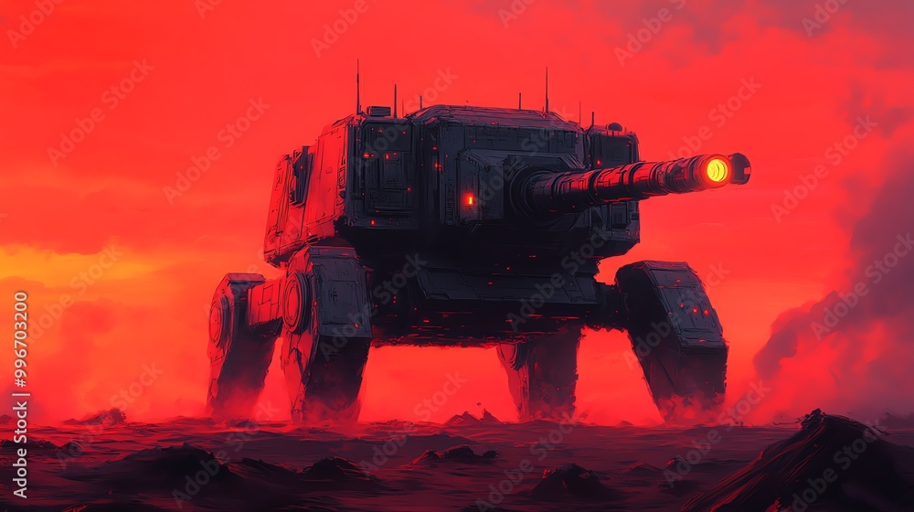 Fototapeta premium A futuristic tank silhouette emerges against a dramatic fiery sky, showcasing power and intensity in a dystopian environment.