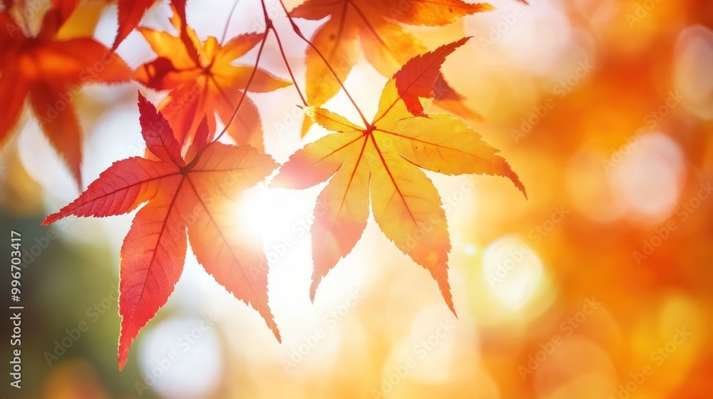 Closeup of red and orange maple leaves backlit by the sun with a blurred background. Closeup of red and orange maple leaves backlit by the sun with a blurred background.